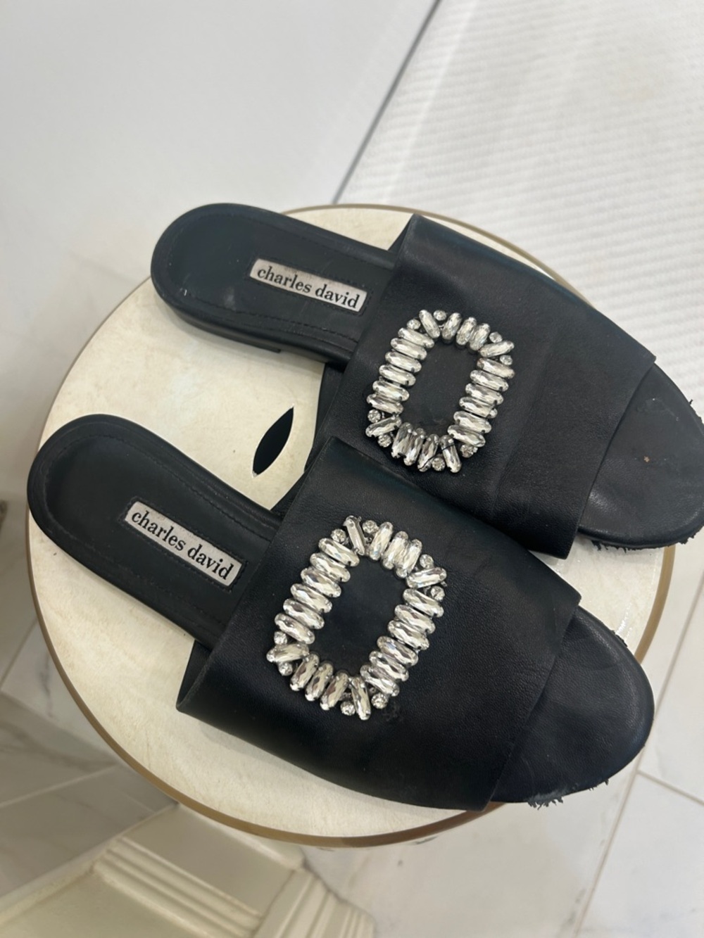 Charles David Black Slide Sandals with Silver Crystal Buckle